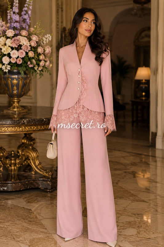 Compleu elegant roz cu sacou si pantaloni largi din dantela