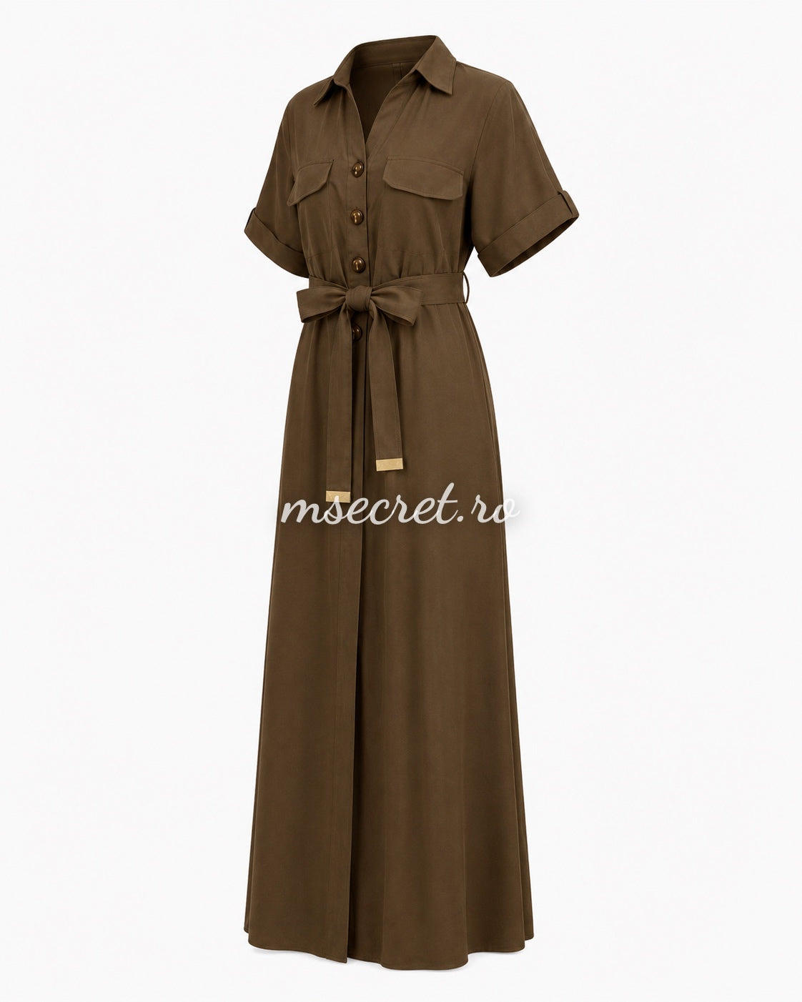 Rochie maro din in cu cordon in talie