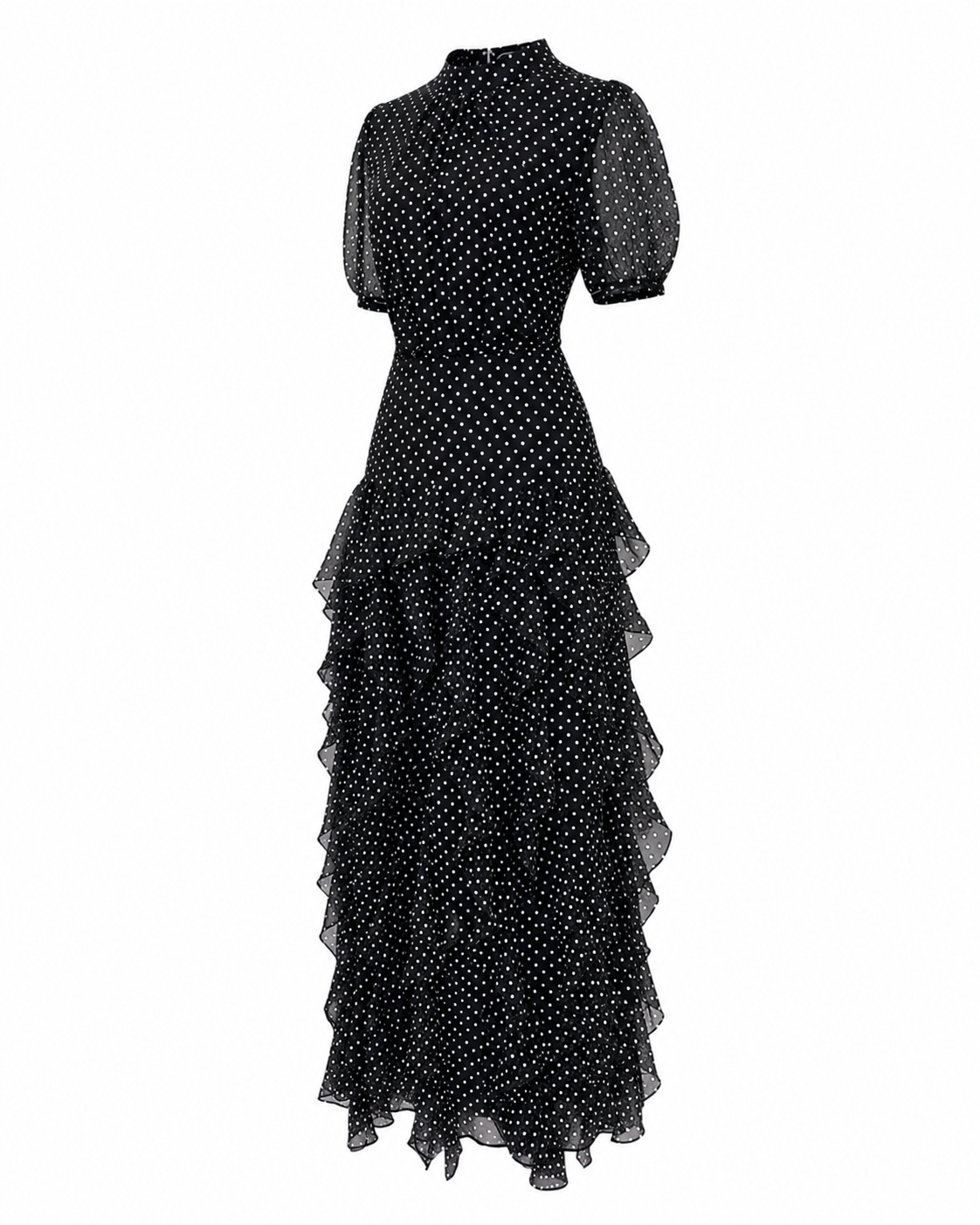 Rochie midi neagra din voal cu buline si volane delicate