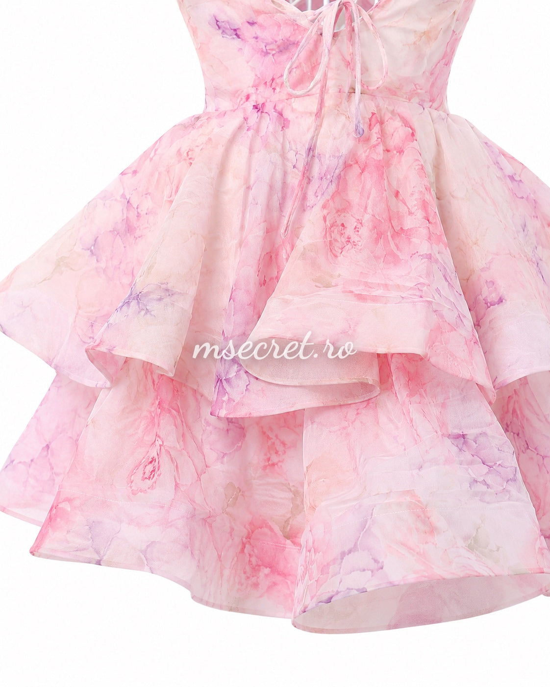 Rochie roz cu imprimeu floral si aplicatii 3D