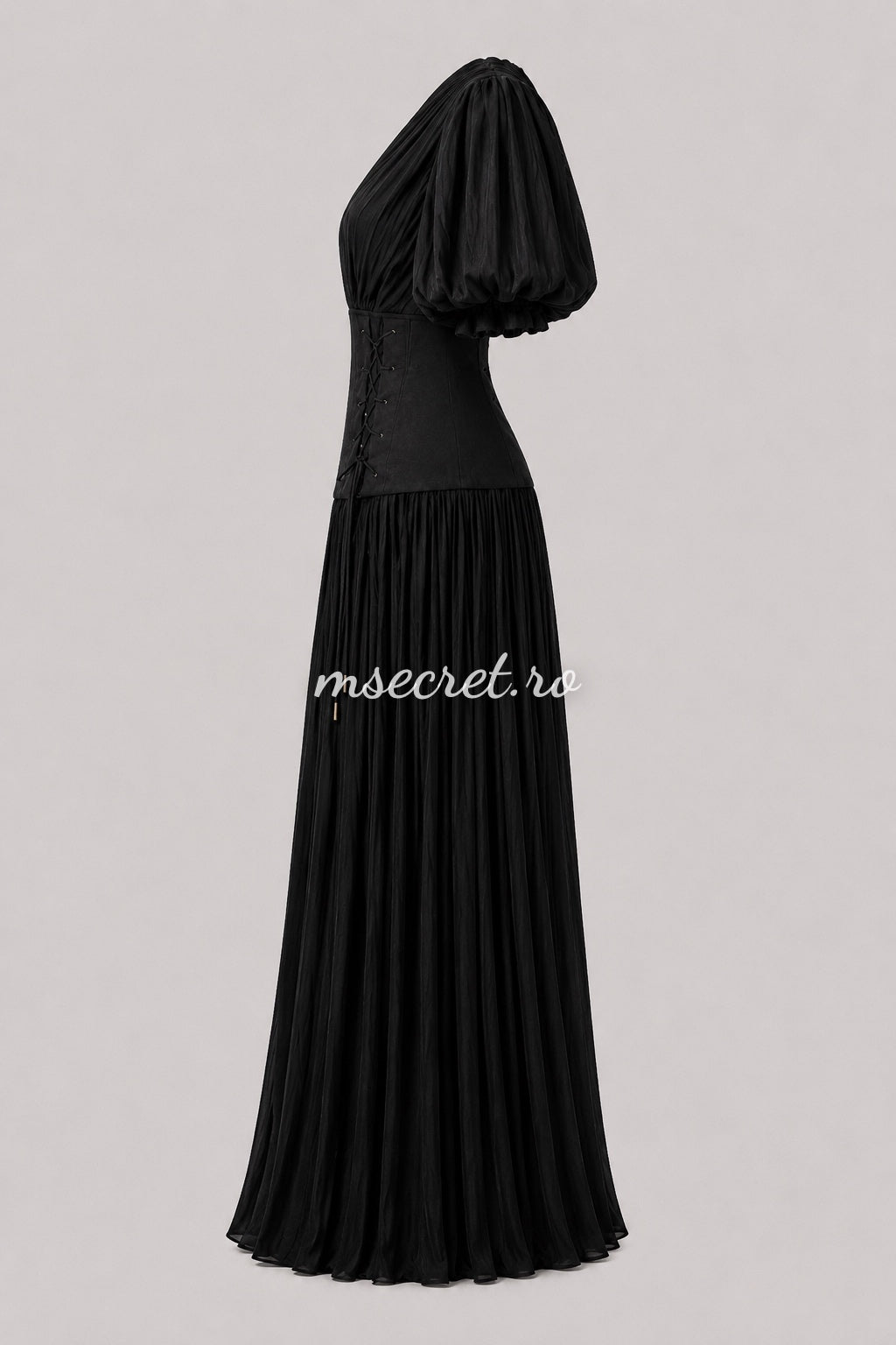 Elegant long black dress with a corset and pleated skirt – evening gown with puff sleeves