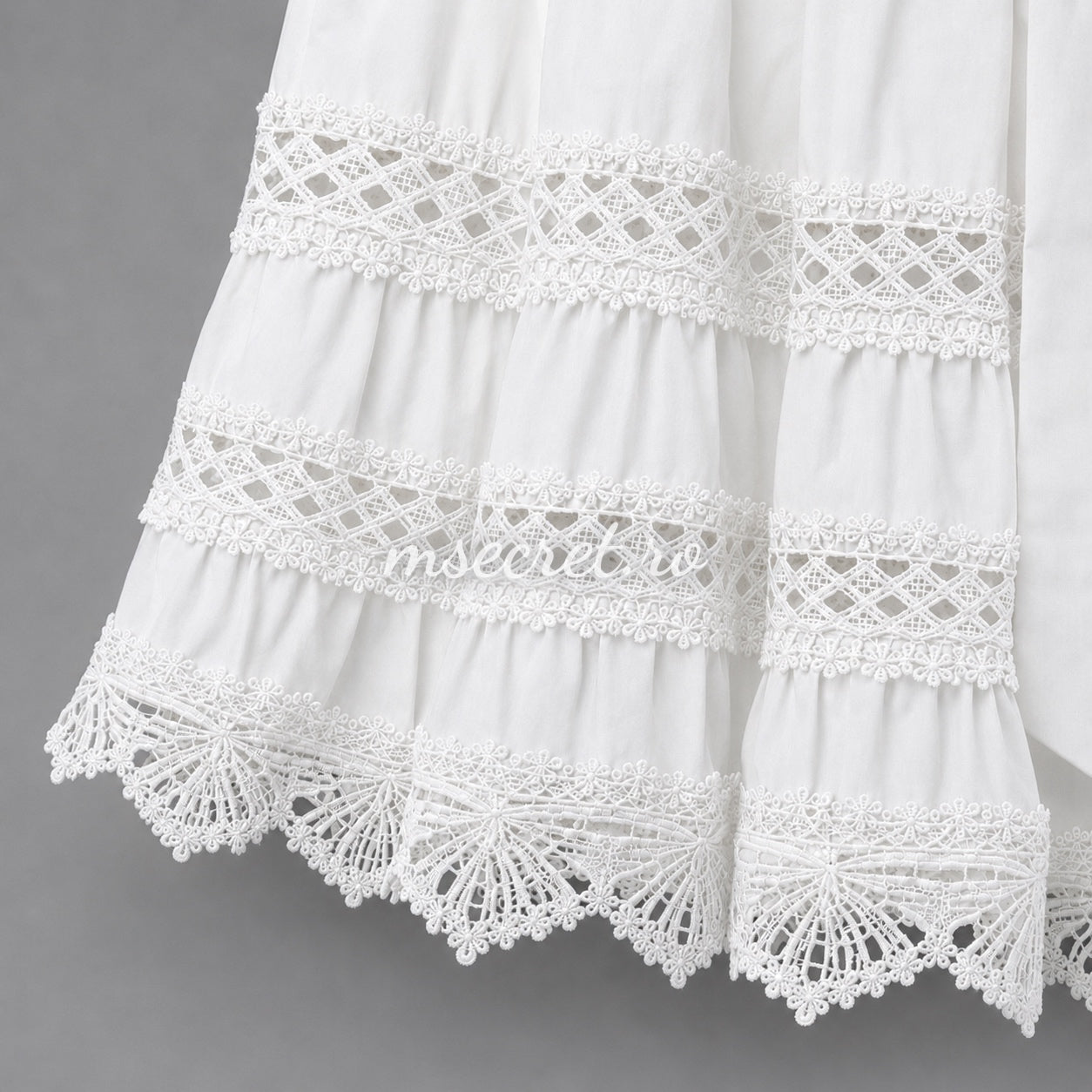 White shirt dress with waist tie and lace inserts