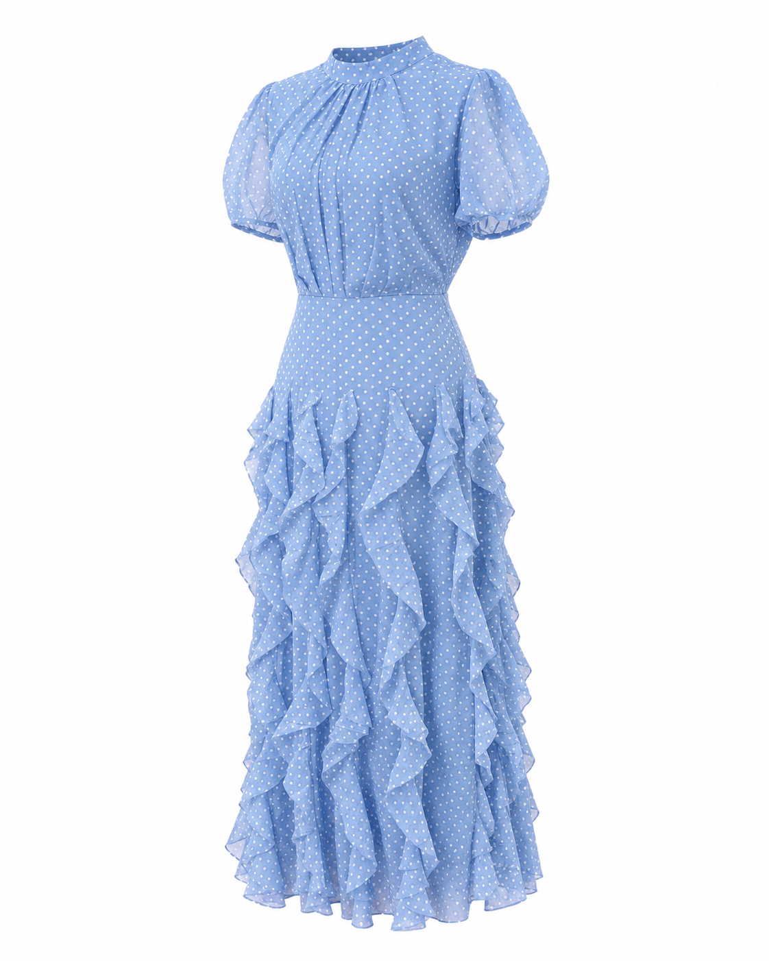Rochie midi bleu din voal cu buline si volane delicate