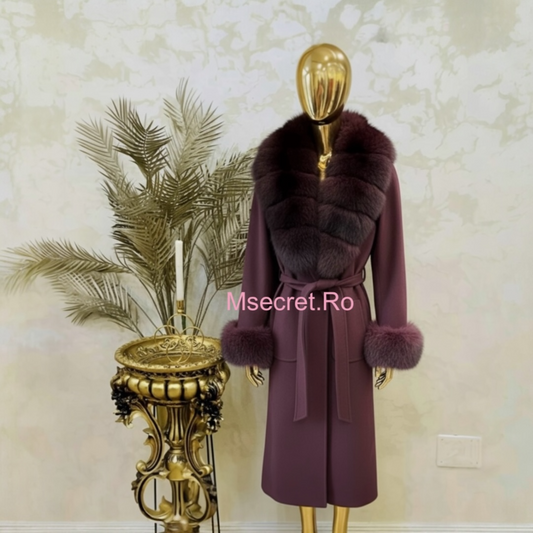 Palton burgundy de lana cu blana naturala de vulpe