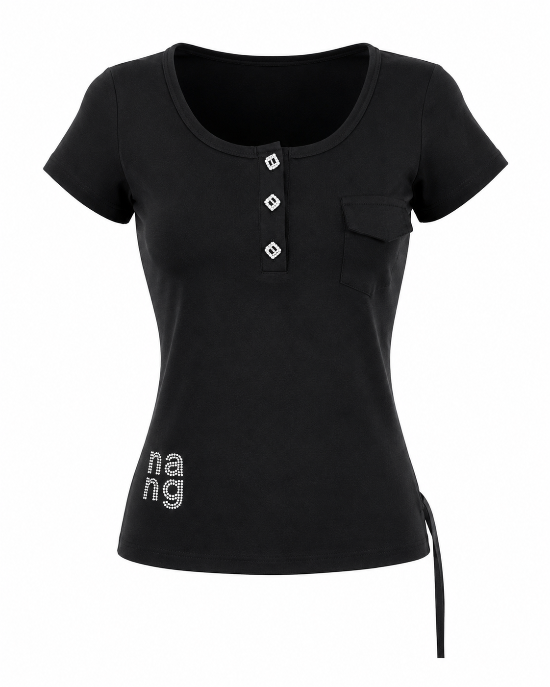 Tricou negru din bumbac cu nasturi bijuterie si detalii strass