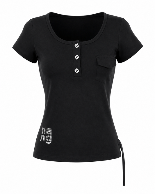 Tricou negru din bumbac cu nasturi bijuterie si detalii strass