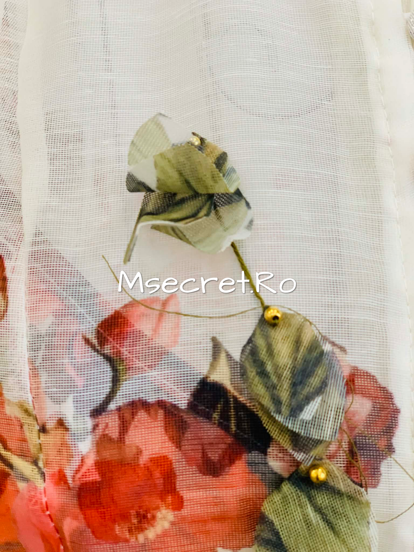 Rochie lungă din in cu imprimeu floral și aplicații 3D