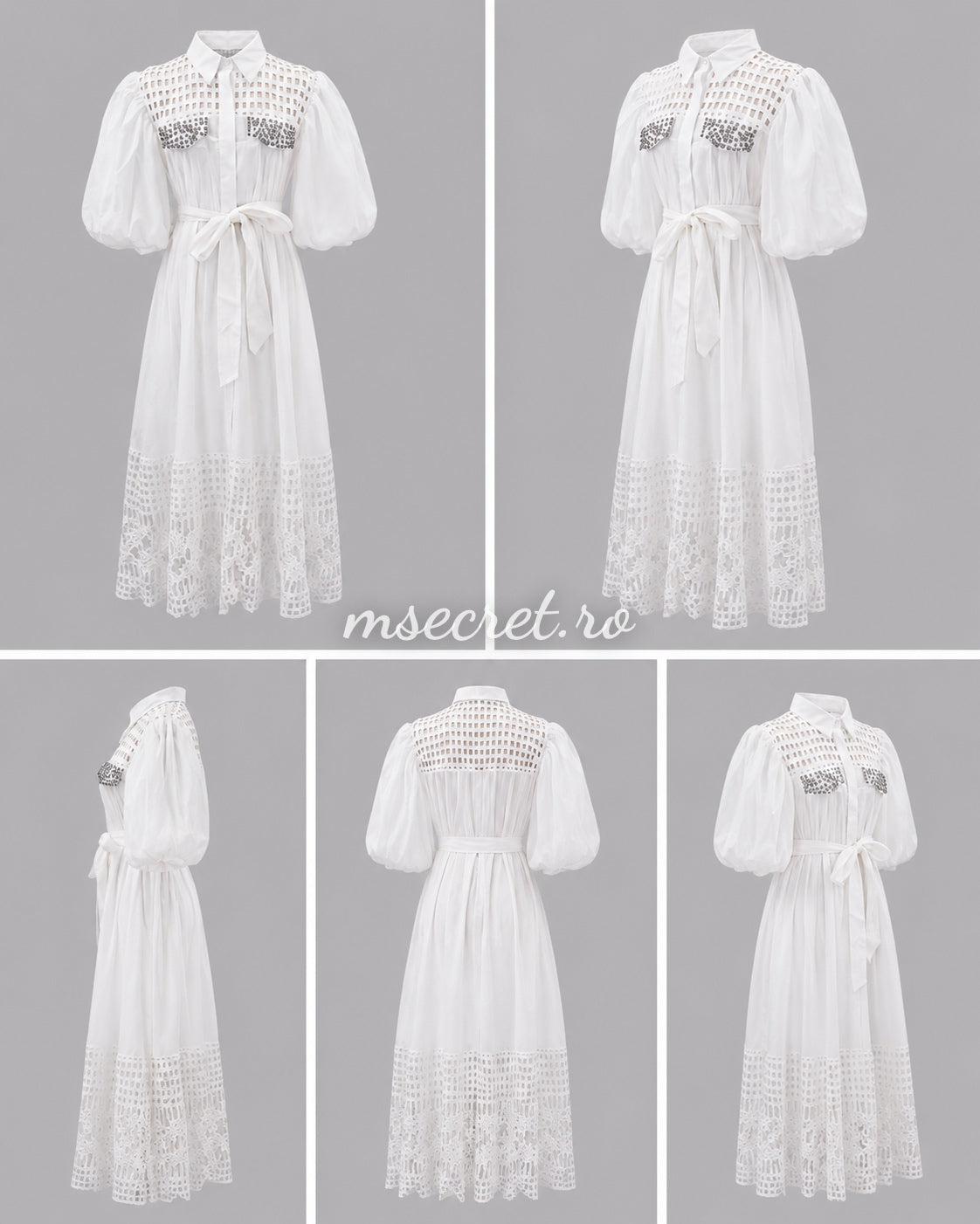 Rochie alba cu broderie perforata si aplicatii stralucitoare