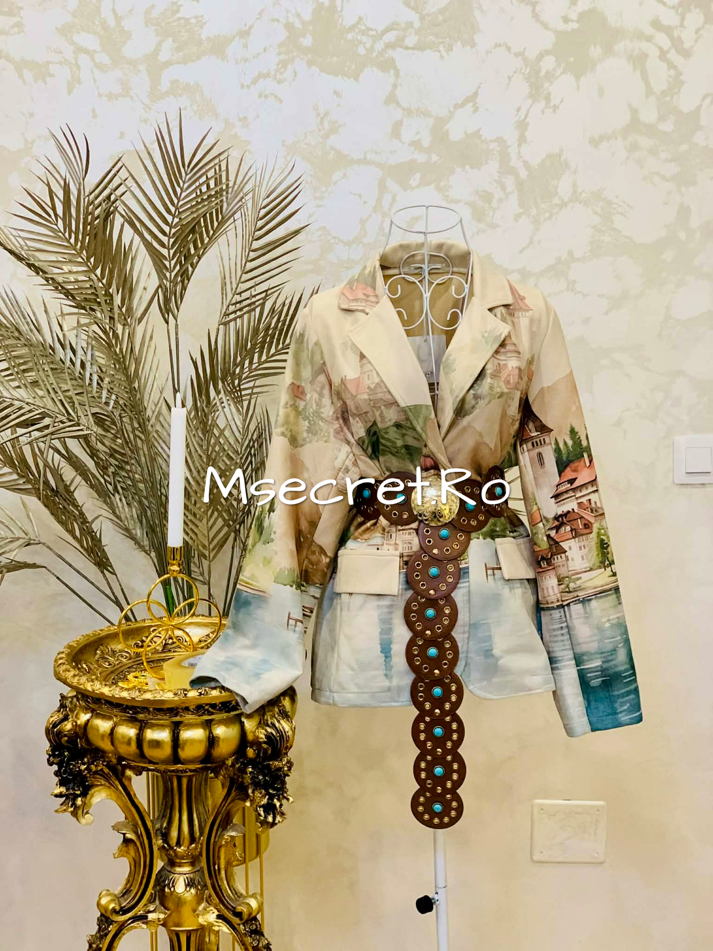 Sacou dama piele intoarsa cu imprimeu artistic