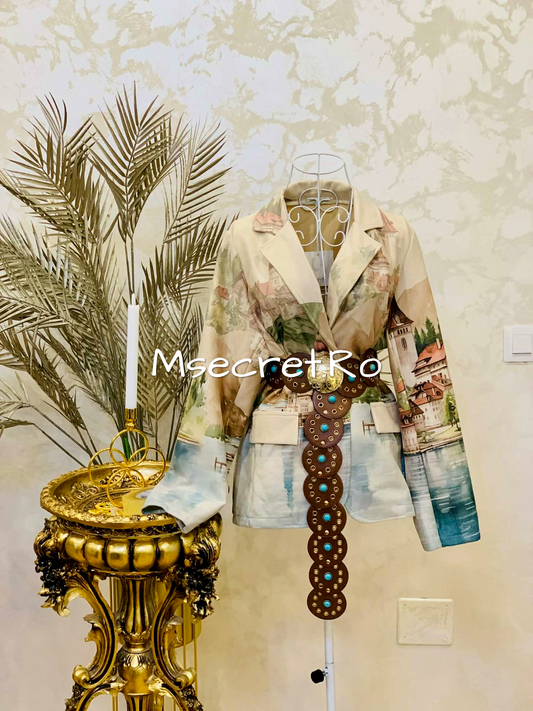 Sacou dama piele intoarsa cu imprimeu artistic