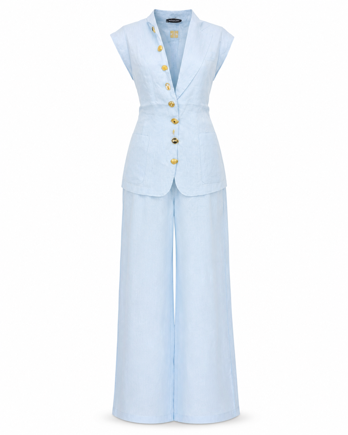 Compleu din in bleu cu vesta fara maneci si pantaloni palazzo