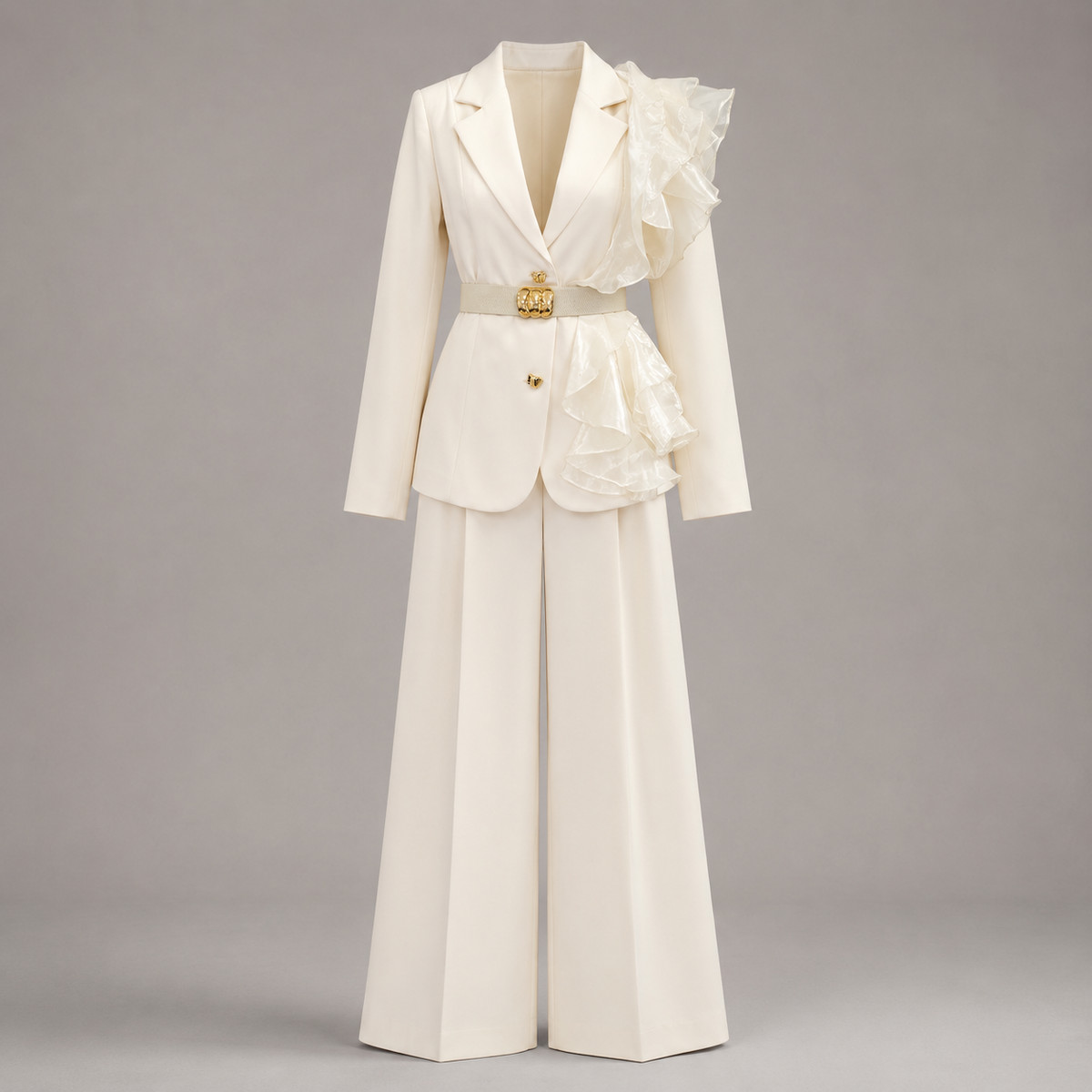 Costum elegant crem cu sacou cu volane