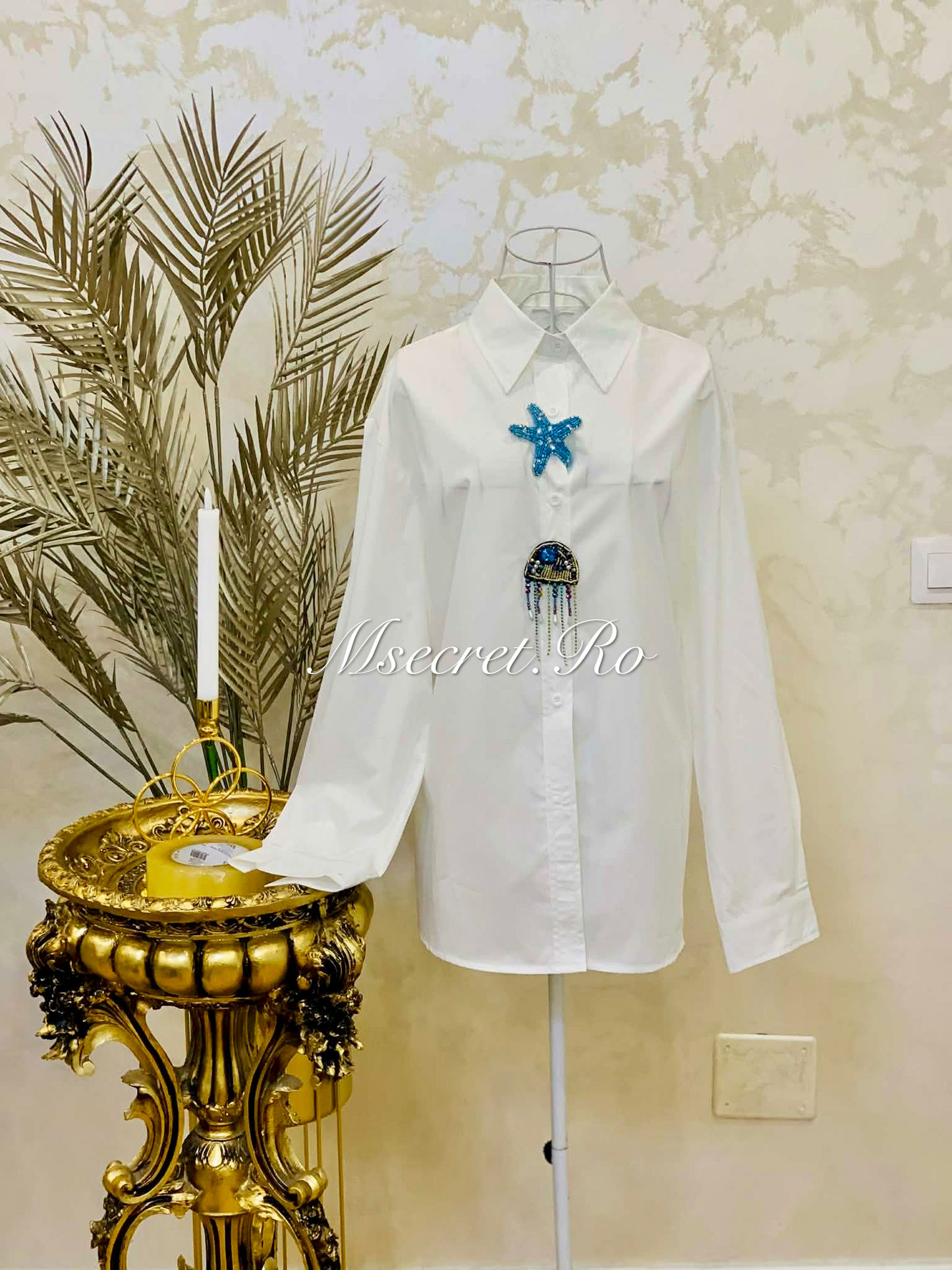 Camasa alba din bumbac cu detalii marine