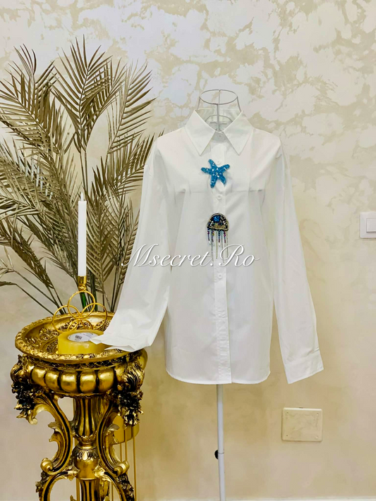 Camasa alba din bumbac cu detalii marine