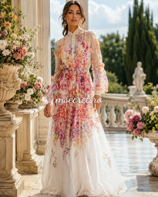 Rochie roz din in cu imprimeu floral și aplicații 3D