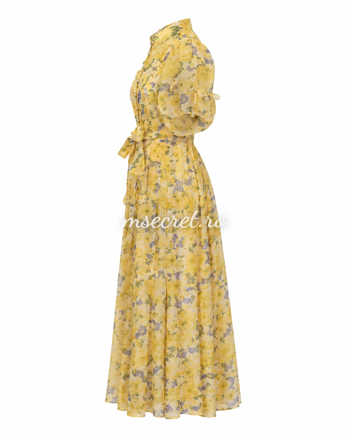 Rochie din in cu imprimeu floral galbena si maneci bufante