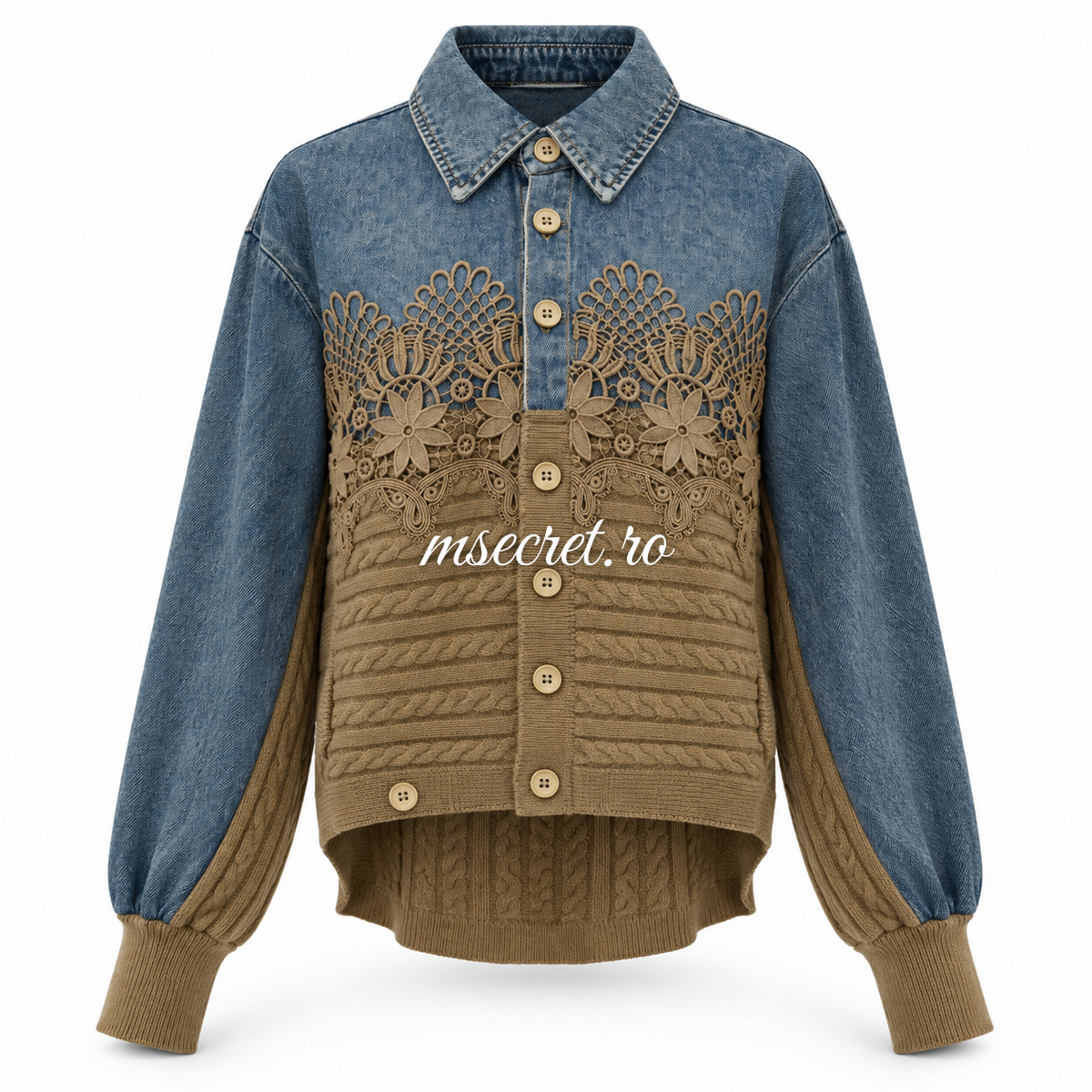 Camasa din denim cu tricot maro si dantela