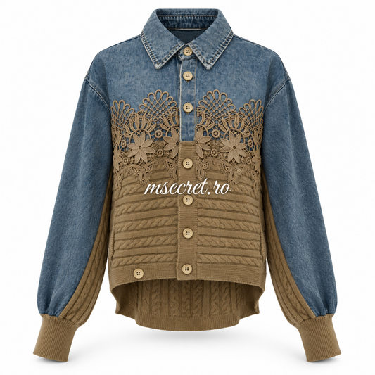 Camasa din denim cu tricot maro si dantela