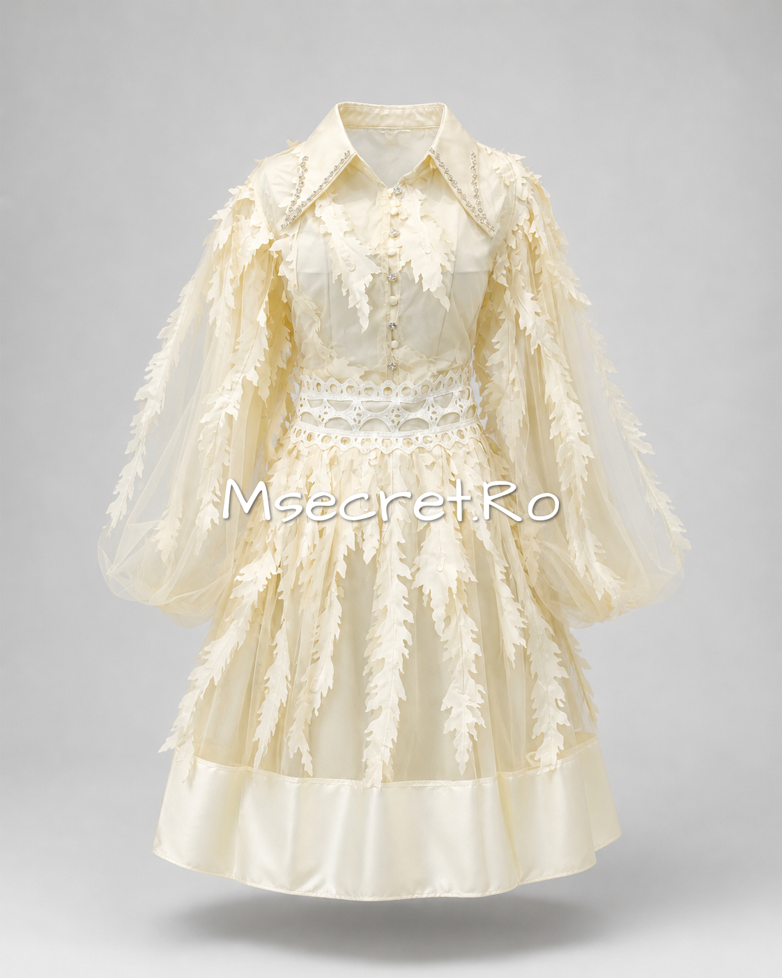 Ivory midi dress with stones and 3D pattern