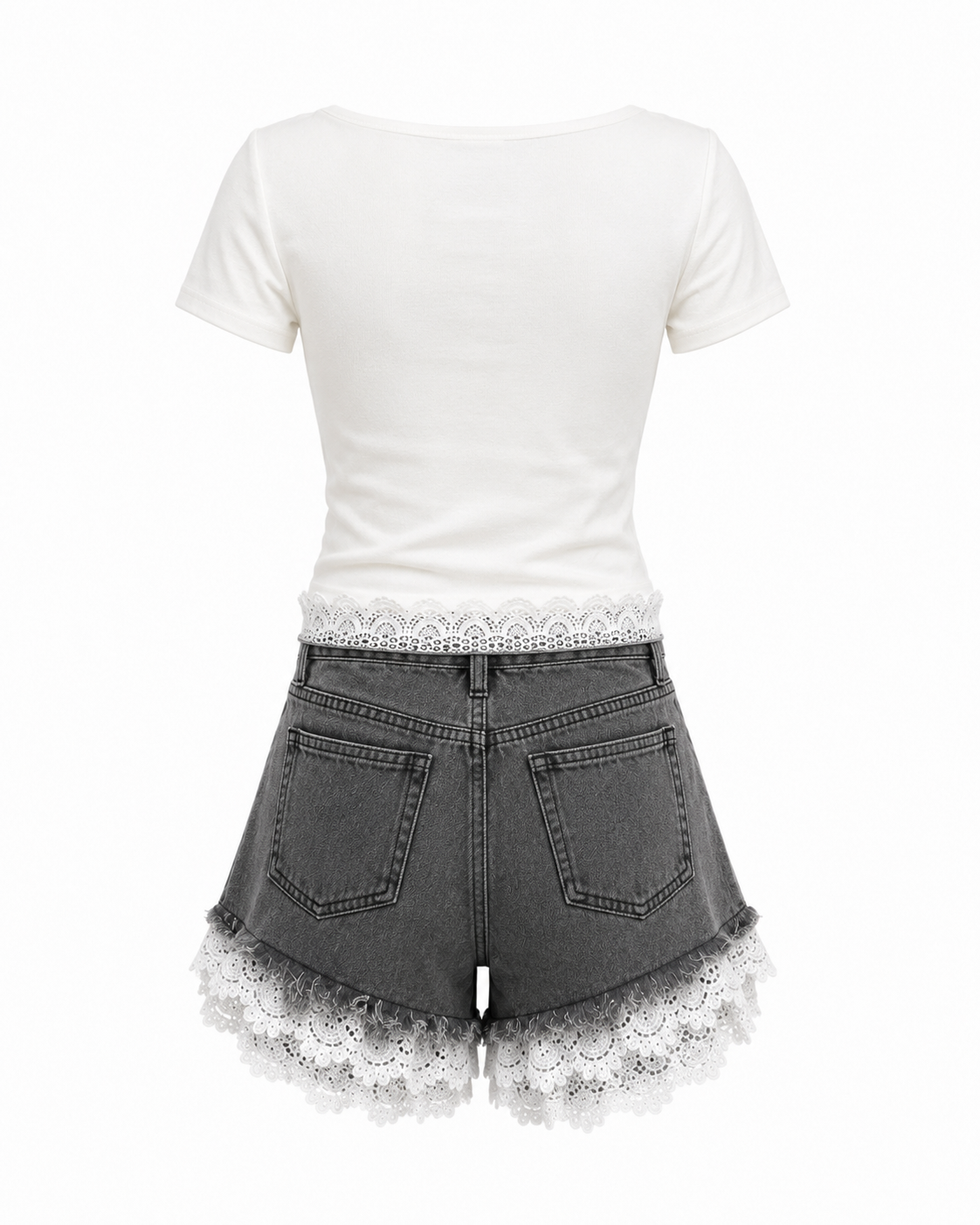 Pantaloni scurti gri din denim cu dantela alba