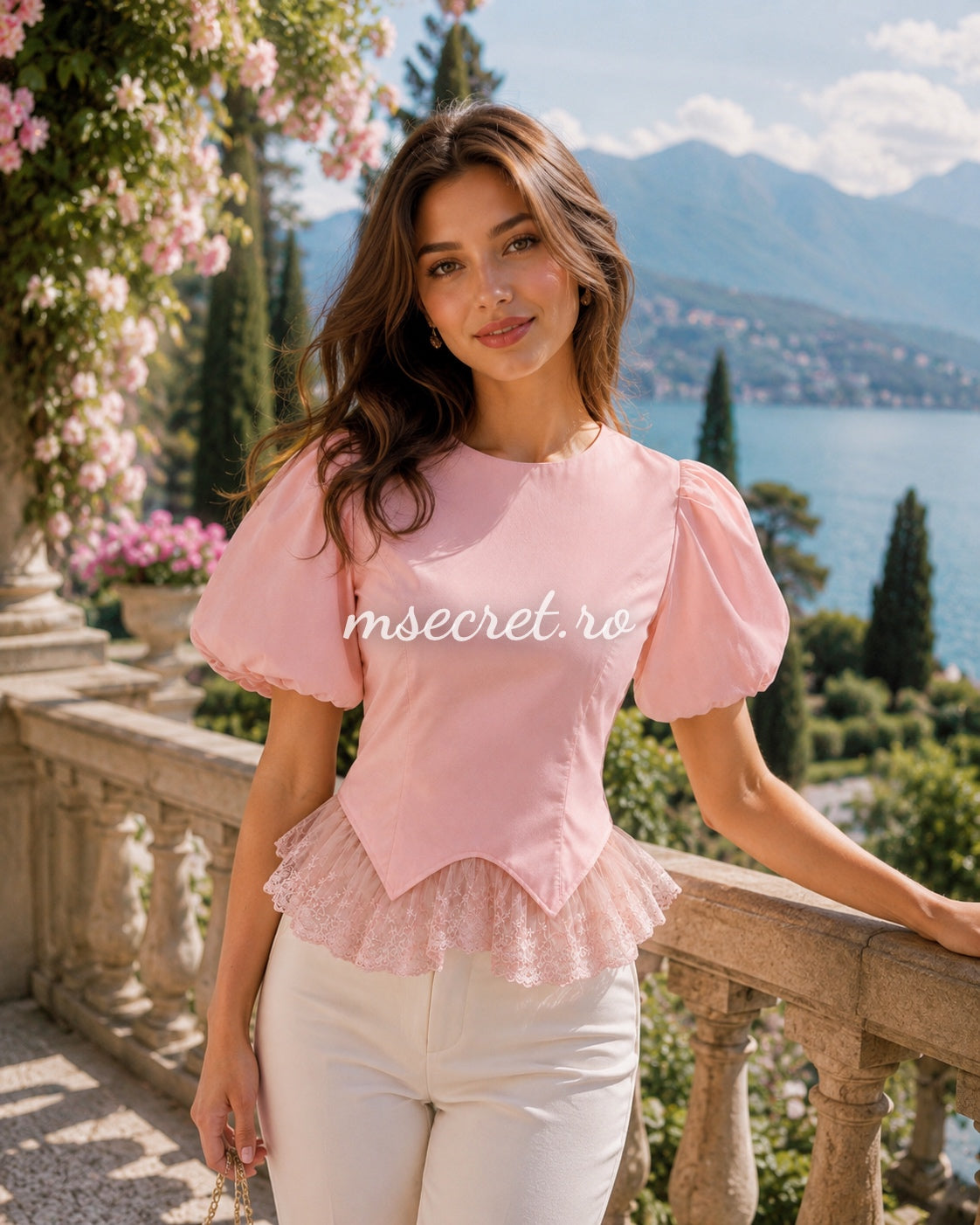 Pink shirt with puffed sleeves and embroidered tulle detail