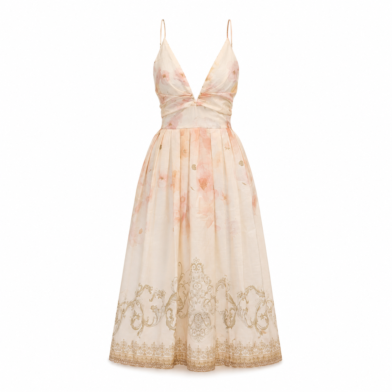 Rochie midi din in cu bretele si broderie eleganta