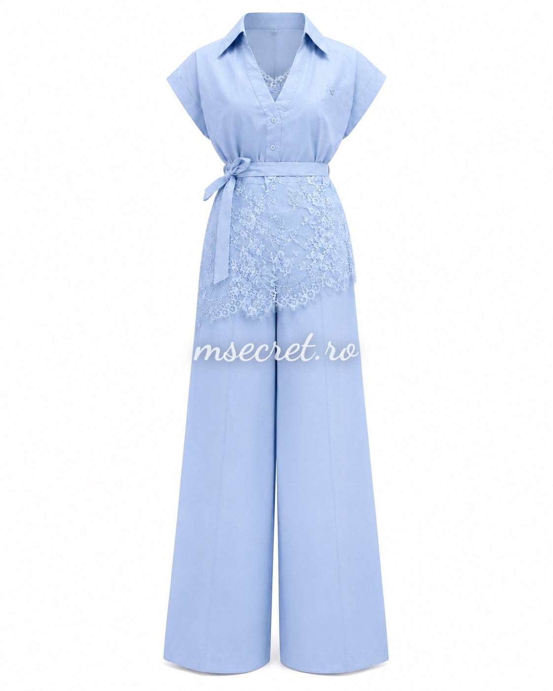 Blue linen set with lace and wide-leg pants