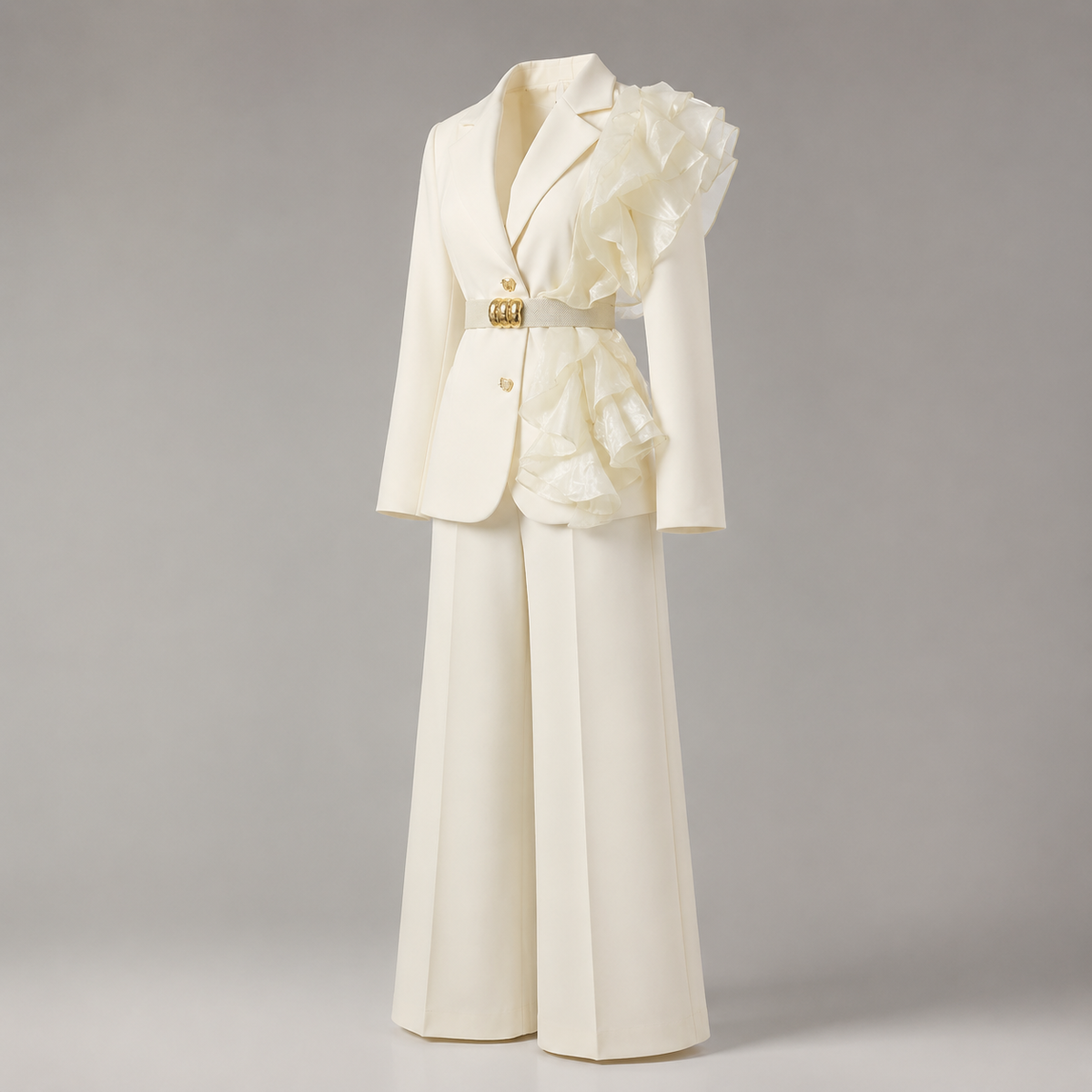 Costum elegant crem cu sacou cu volane