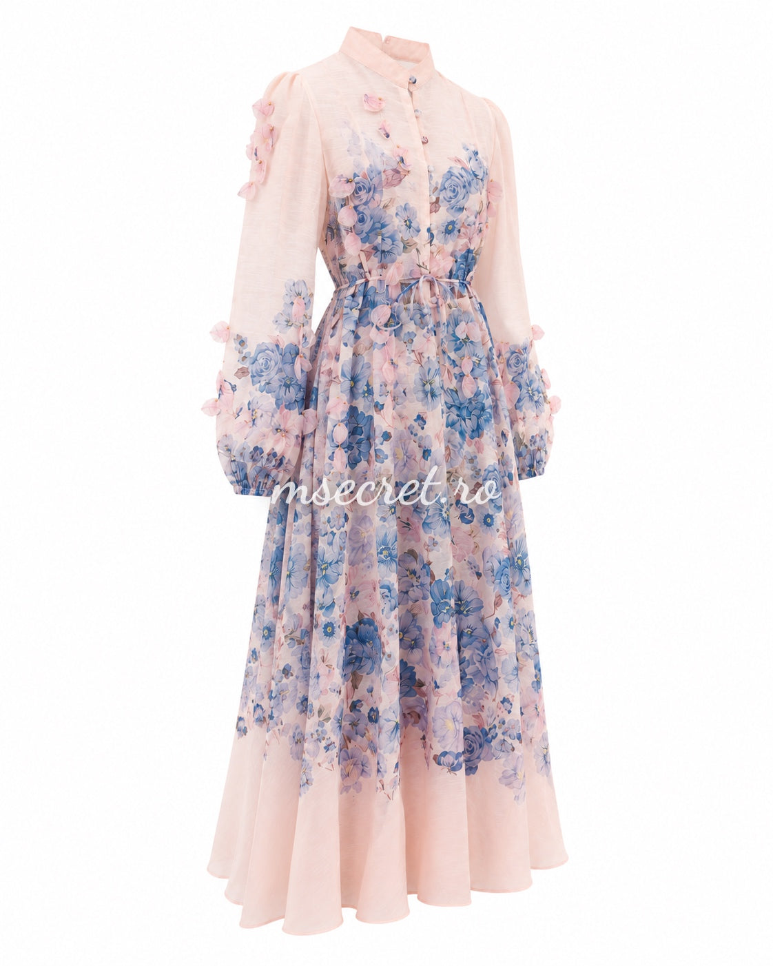 Long pink linen dress with floral print and 3D appliques