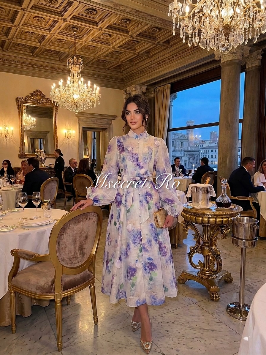 Rochie mov din in cu imprimeu floral