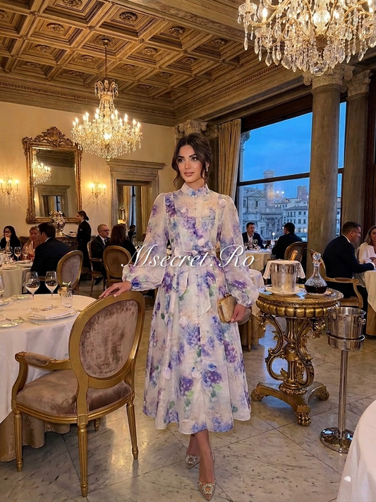 Rochie mov din in cu imprimeu floral