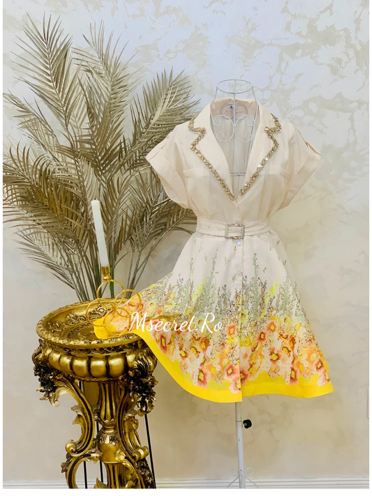 Rochie din in cu imprimeu floral și detalii din pietre