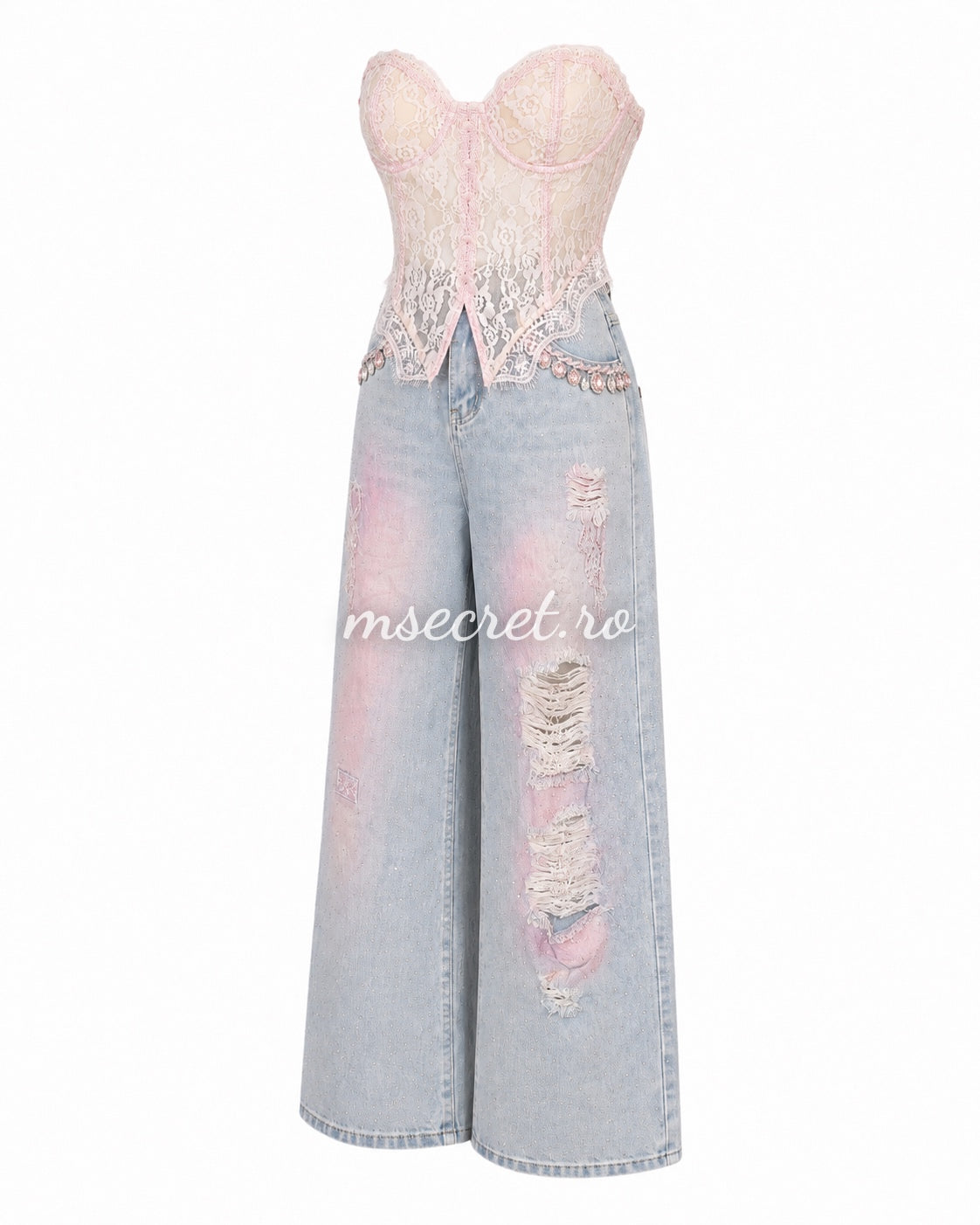 Blugi wide leg cu pietre si insertii roz decorative