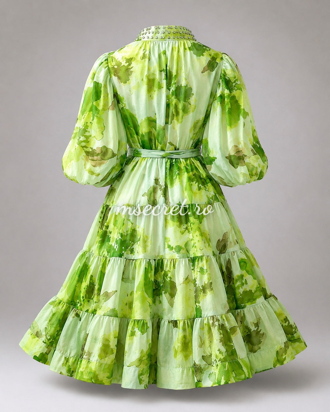 Rochie verde din in și mătase cu imprimeu floral și talie reglabilă