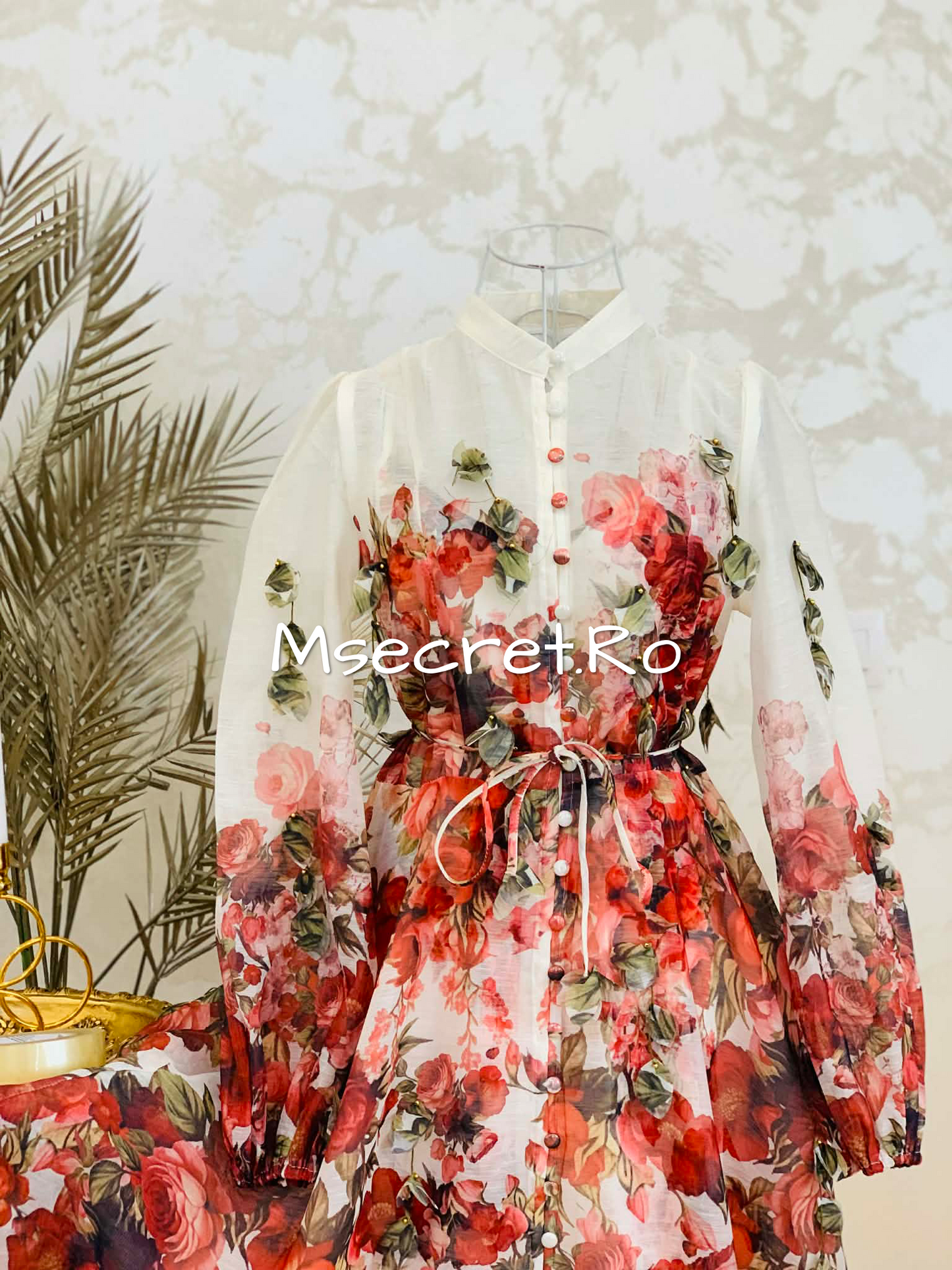 Rochie lungă din in cu imprimeu floral și aplicații 3D
