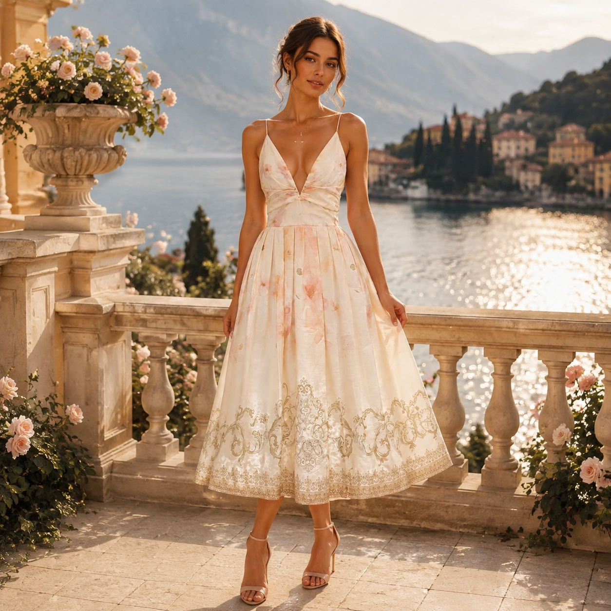 Rochie midi din in cu bretele si broderie eleganta
