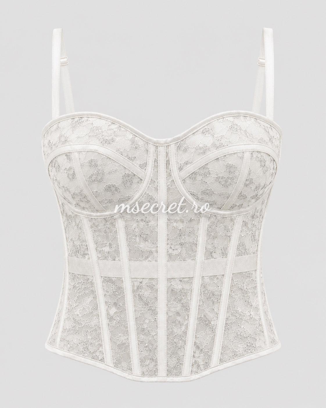 Top corset alb cu bretele si sclipici argintiu