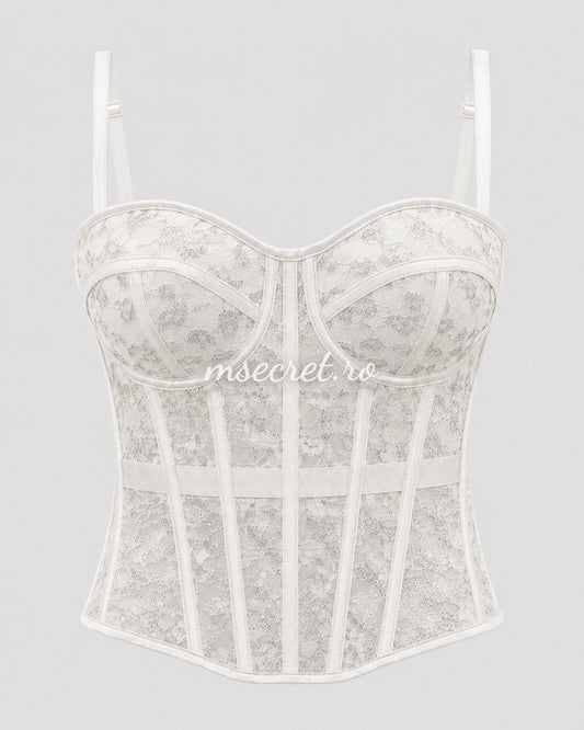 White corset top with straps and silver glitter