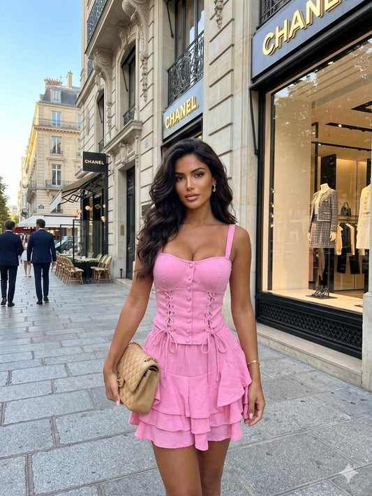 Compleu roz cu bluza tip corset si fusta scurta cu volane