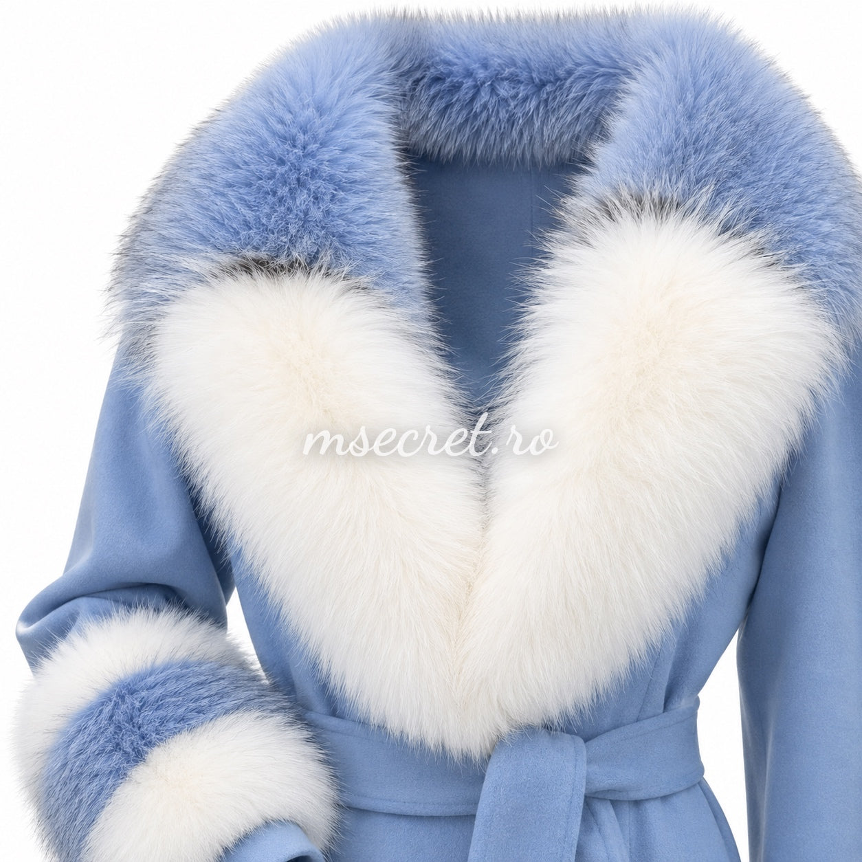 Palton baby blue din casmir cu guler și mansete din blana de vulpe