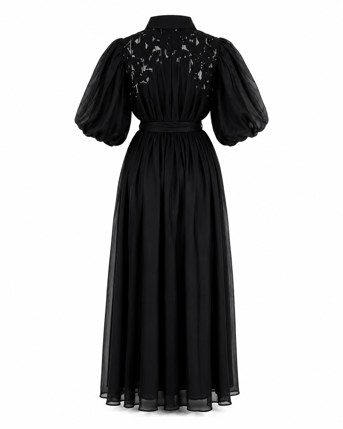 Rochie neagra elegantă din voal cu broderie florală și mâneci bufante