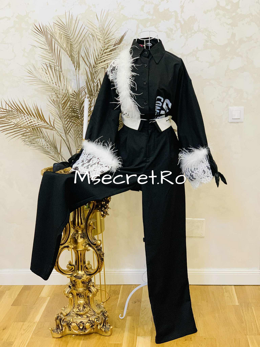 Camasa neagra din bumbac cu pene