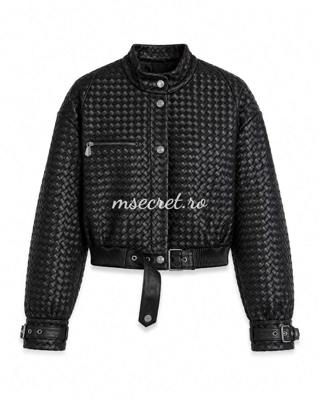Geaca scurta din piele naturala neagra cu textura impletita