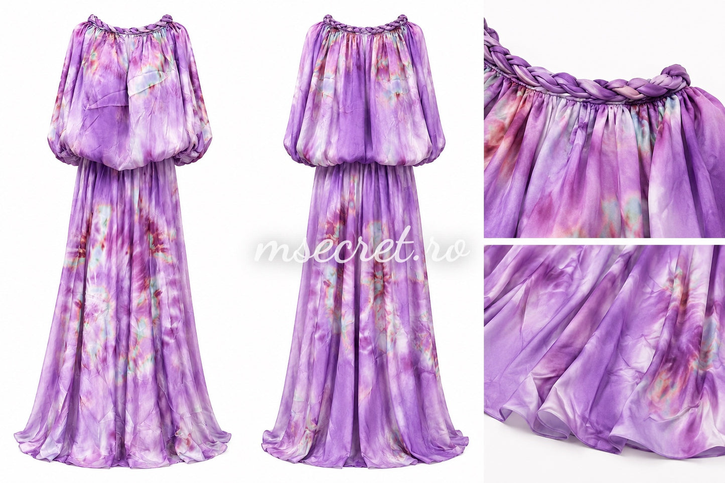 Rochie lunga lila tie-dye cu decolteu Bardot