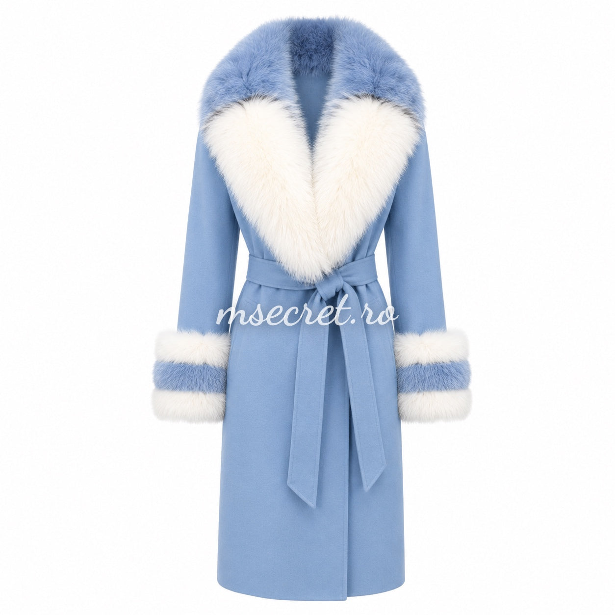 Palton baby blue din casmir cu guler și mansete din blana de vulpe