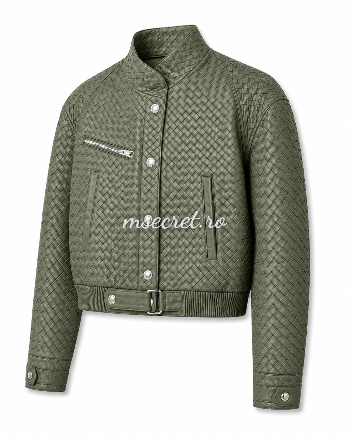 Geaca scurta din piele naturala olive cu textura impletita