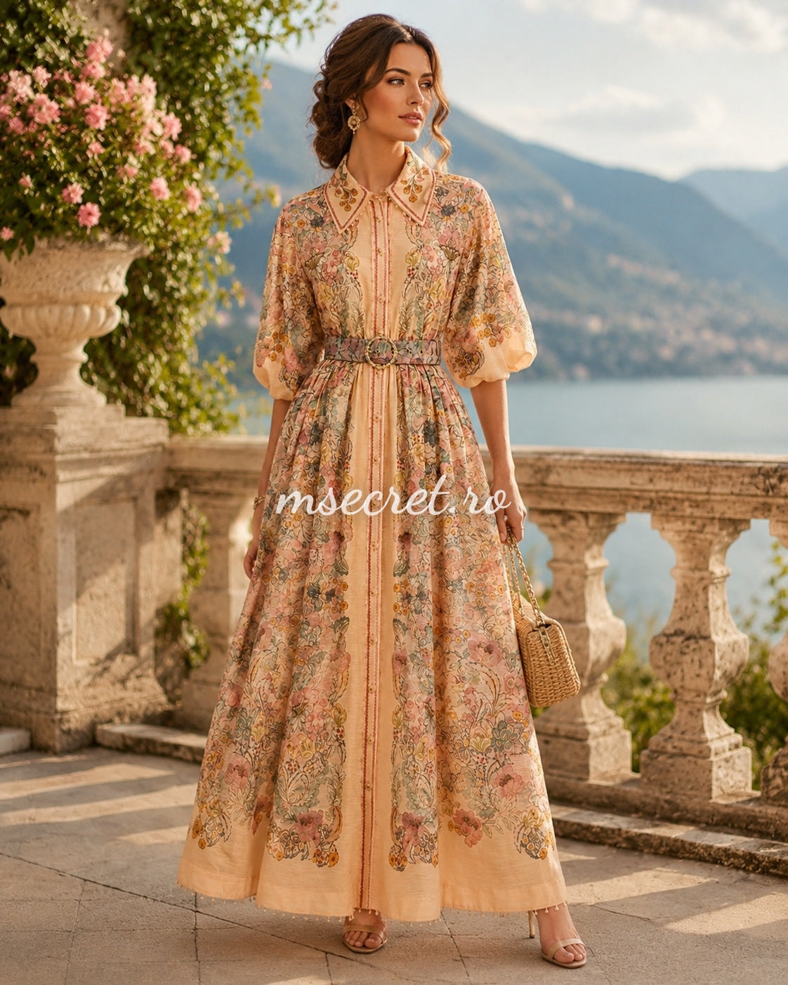 Rochie lunga din in cu imprimeu floral pastel