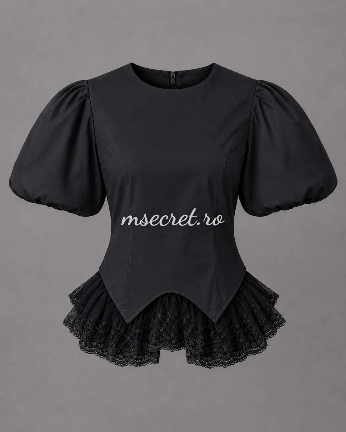 Black shirt with puffed sleeves and embroidered tulle detail