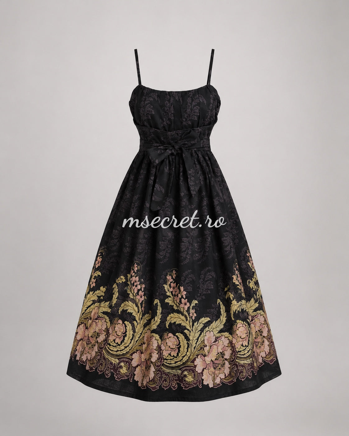 Rochie midi din in neagra cu imprimeu floral