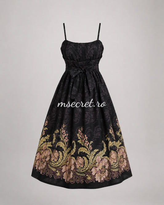 Black linen midi dress with floral print